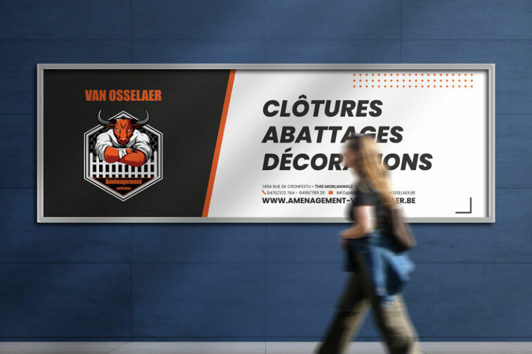 Bâche publicitaire présentant des services de clôtures, abattages et décorations